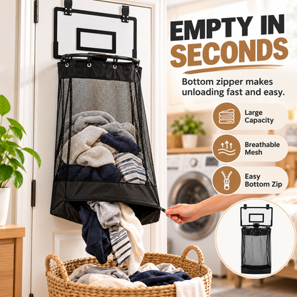 Over-the-Door Basketball Laundry Hamper – Space-Saving Mesh Clothes Basket with Hoop & Bottom Zipper