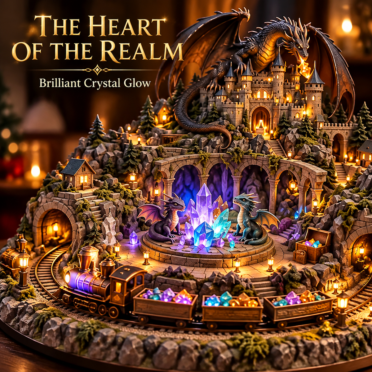 Animated Dragon Castle Crystal Train Village – USB-C Rechargeable Lighted Fantasy Tabletop Decor with Rotating Moving Train