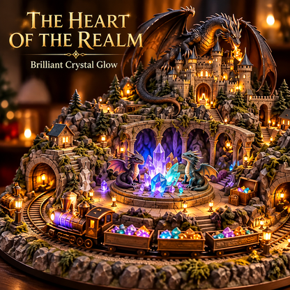 Animated Dragon Castle Crystal Train Village – USB-C Rechargeable Lighted Fantasy Tabletop Decor with Rotating Moving Train