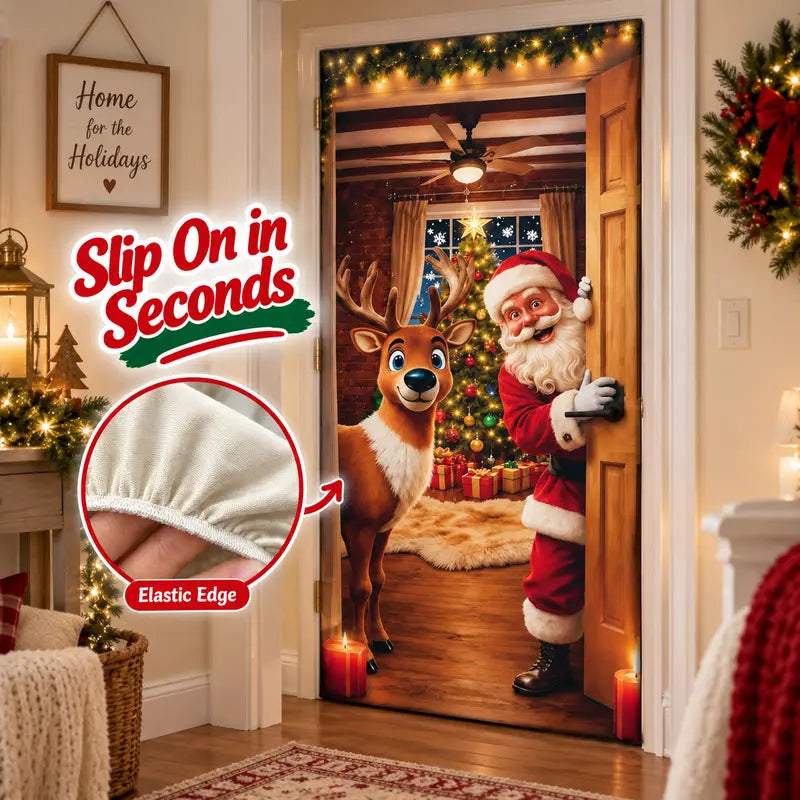 Stretch Christmas Door Cover – Santa & Reindeer Slip-On Door Decoration with 4-Side Elastic Edge
