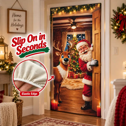 Stretch Christmas Door Cover – Santa & Reindeer Slip-On Door Decoration with 4-Side Elastic Edge