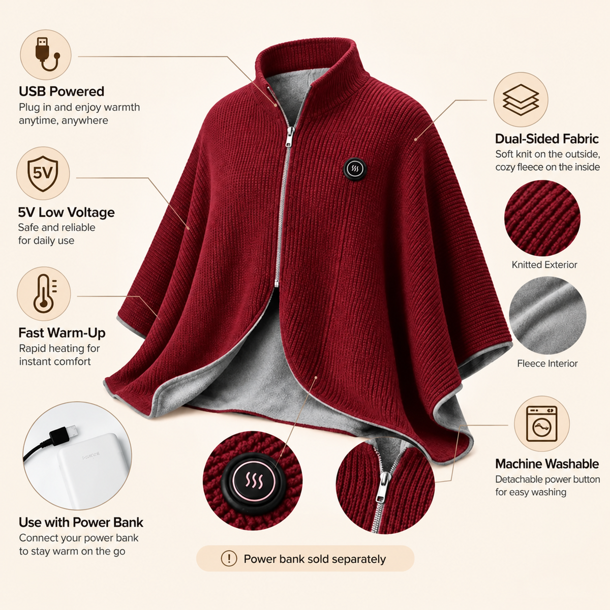 Wearable Heated Shawl 3 Heat Levels Portable Thermal Wrap