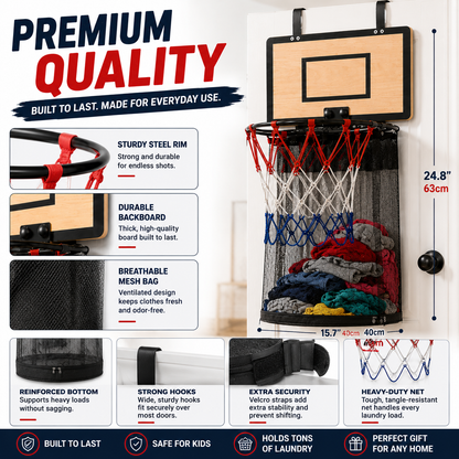 🔥Last Day 50% OFF-Over-the-Door Basketball Hoop Laundry Hamper – Fun Hanging Clothes Basket with Easy-Empty Zipper