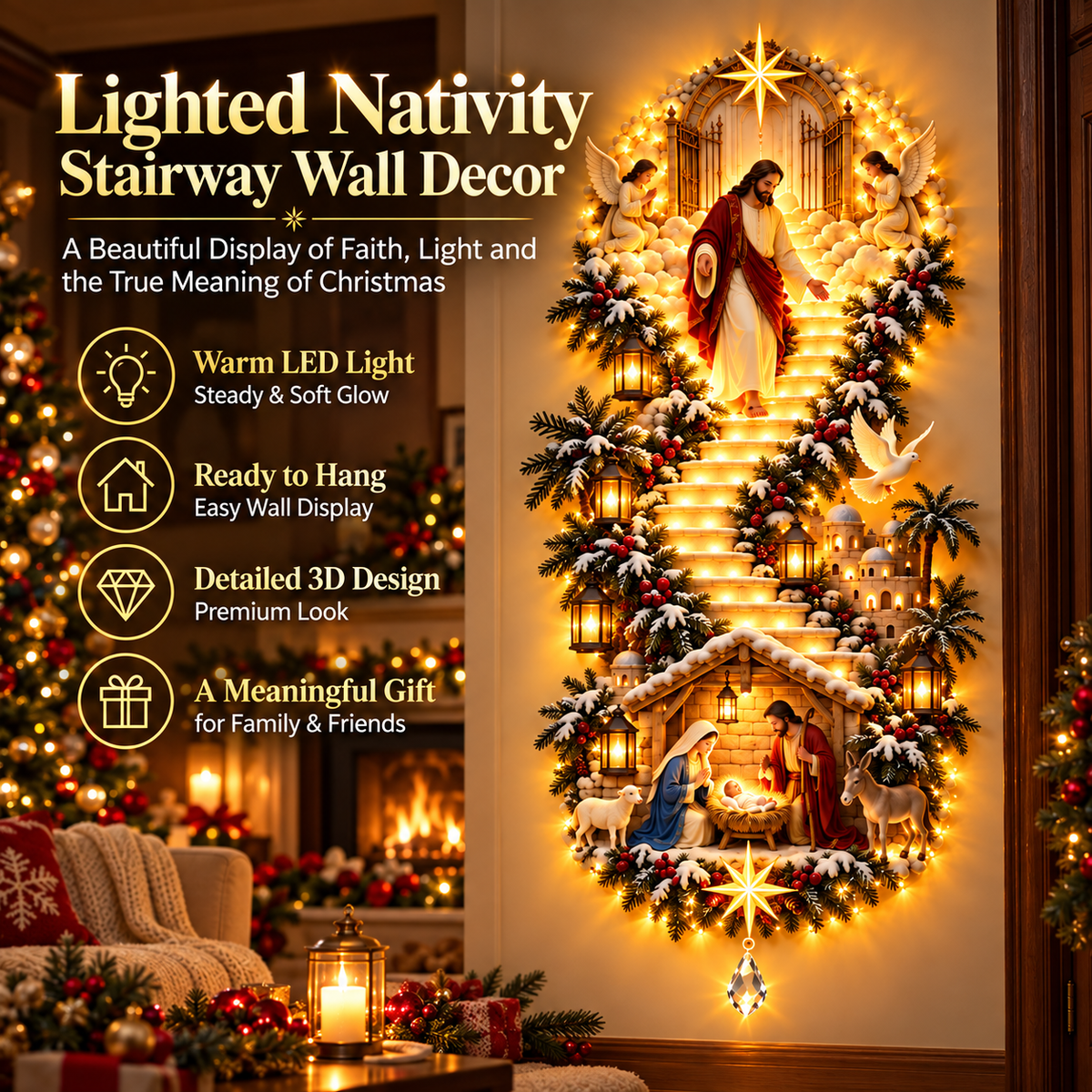 Lighted Nativity Stairway Wall Decor – Steady Glow & Flowing Light Display