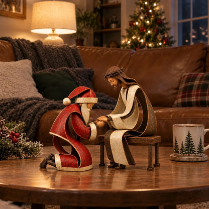 Santa Claus Kneeling Before Jesus Christ Christmas Religious Figurine