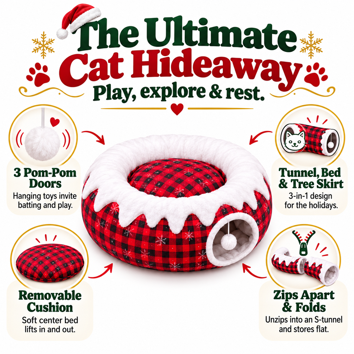 3-in-1 Christmas Tree Cat Tunnel Bed – Convertible S-Tunnel & Buffalo Plaid Tree Skirt