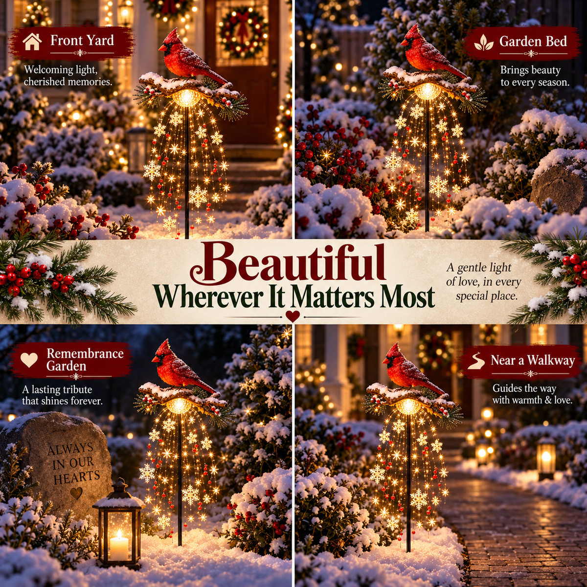 Hot sales🔥Cardinal Memory Fountain Light – Lighted Christmas Remembrance Garden Stake with Cascading Snowflakes