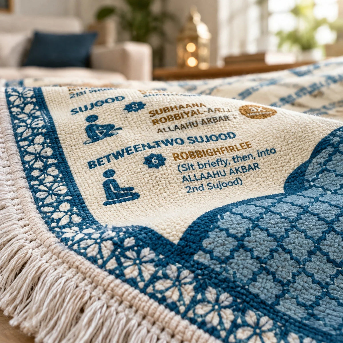 Close-up of printed phonetic recitations and prayer posture guide on the textured mat
