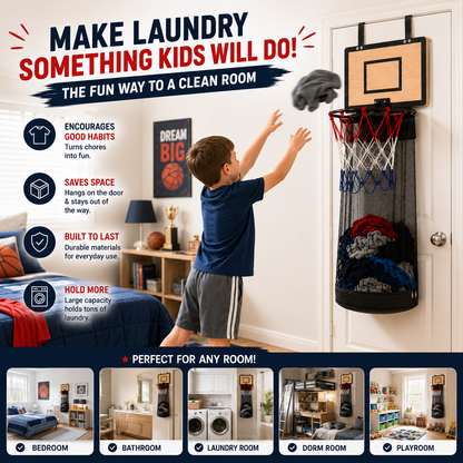 🔥Last Day 50% OFF-Over-the-Door Basketball Hoop Laundry Hamper – Fun Hanging Clothes Basket with Easy-Empty Zipper