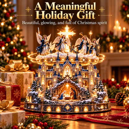 Rotating Angel Nativity Christmas Village – Lighted Cathedral & Holy Family Tabletop Decor-USB-C Rechargeable