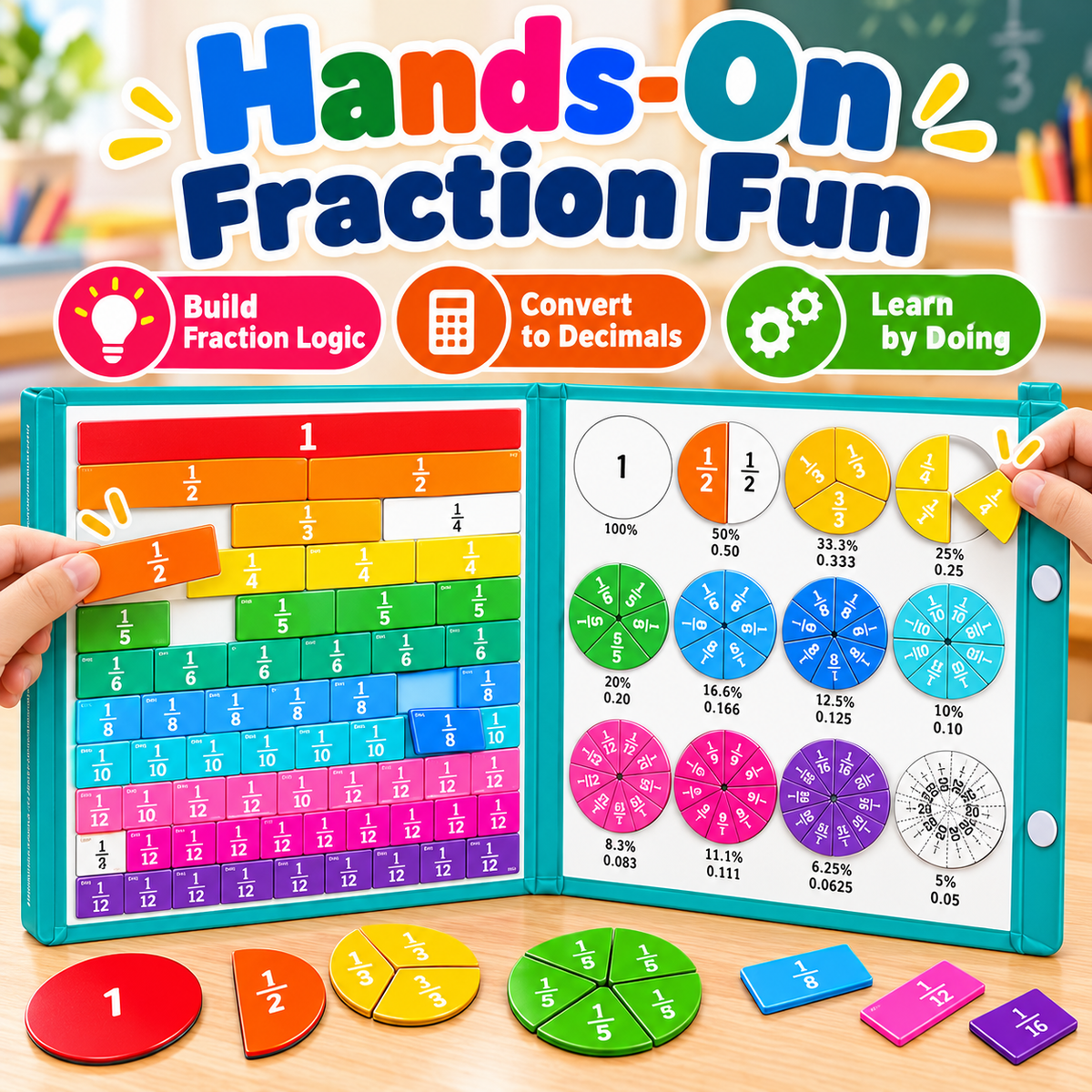 Magnetic Fraction Learning Book for Kids – Hands-On Math Manipulatives with Fraction Bars & Circles, Ages 6+
