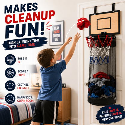 🔥Last Day 50% OFF-Over-the-Door Basketball Hoop Laundry Hamper – Fun Hanging Clothes Basket with Easy-Empty Zipper