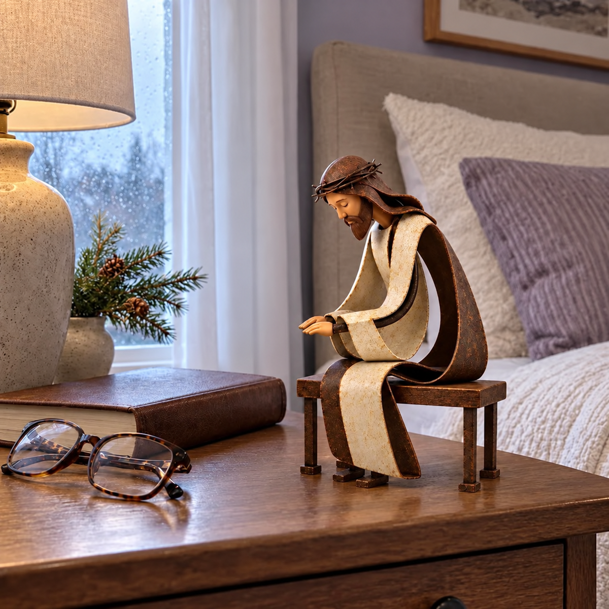 Santa Claus Kneeling Before Jesus Christ Christmas Religious Figurine