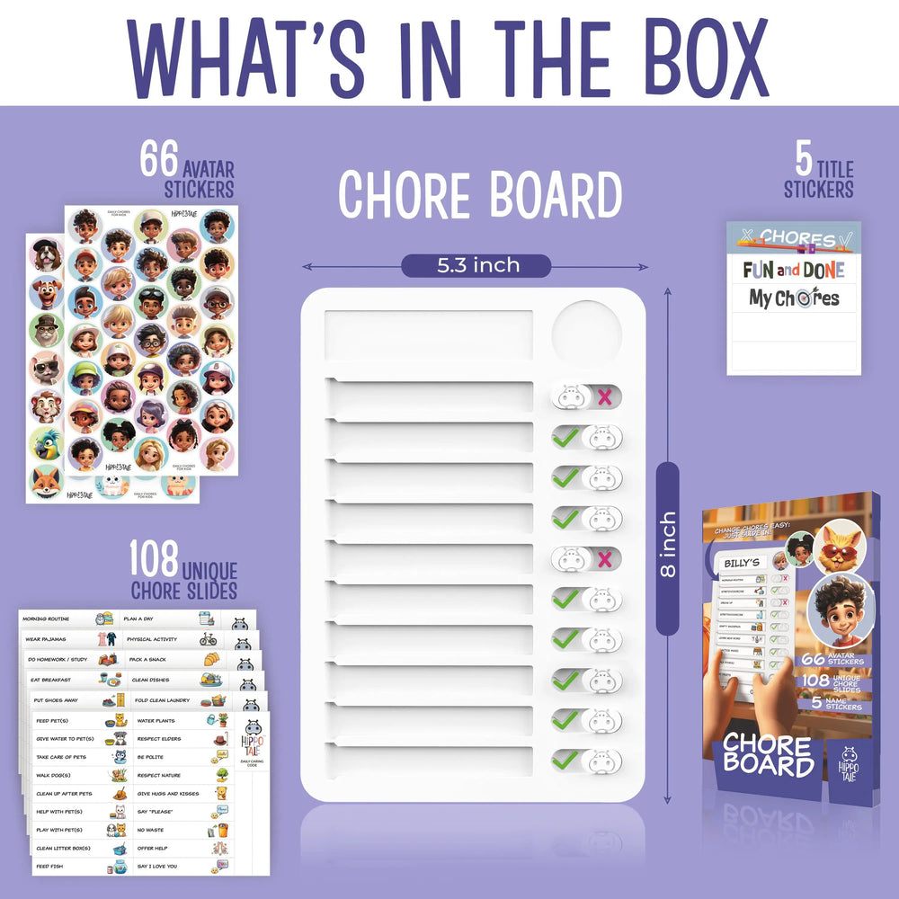 Magnetic kids chore chart package contents showing task cards and board size