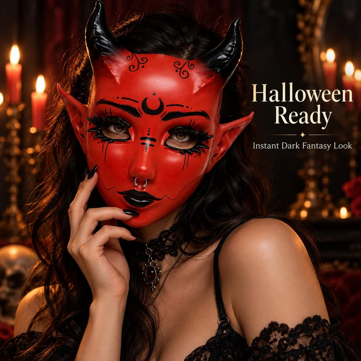 😈🖤 Crimson Horned Demon Mask – Gothic Devil Cosplay Mask for Halloween, Masquerade & Dark Fantasy Looks