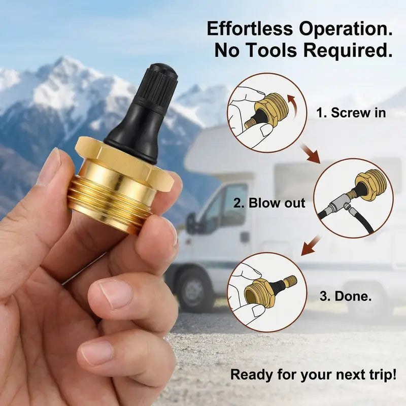 Brass RV Blowout Plug with Air Valve – Water Line Winterizing & Maintenance Adapter