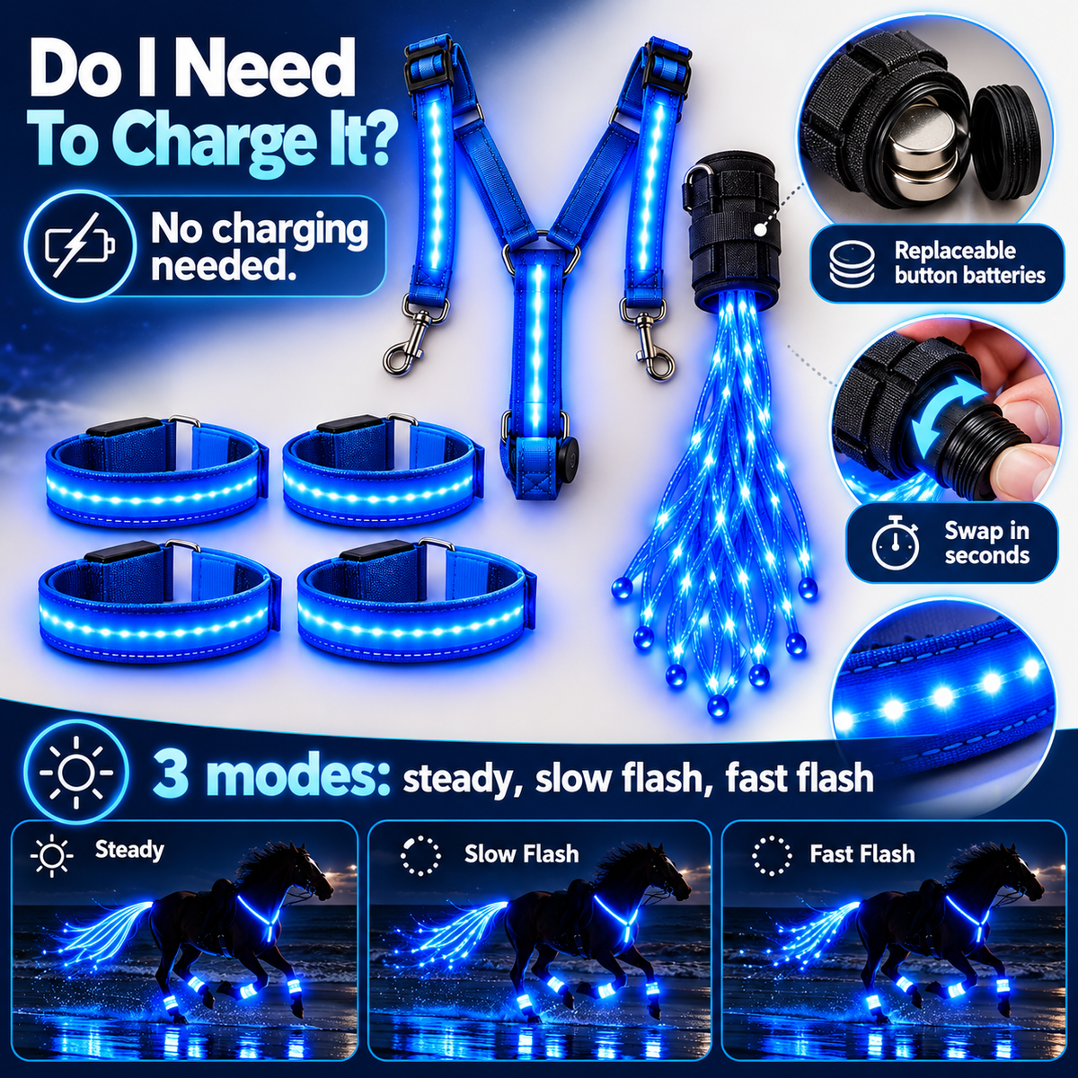 🔥Last Day 50% OFF-LED Horse Riding Light Set – Illuminated Chest Strap, Leg Bands & Flowing Tail Lights