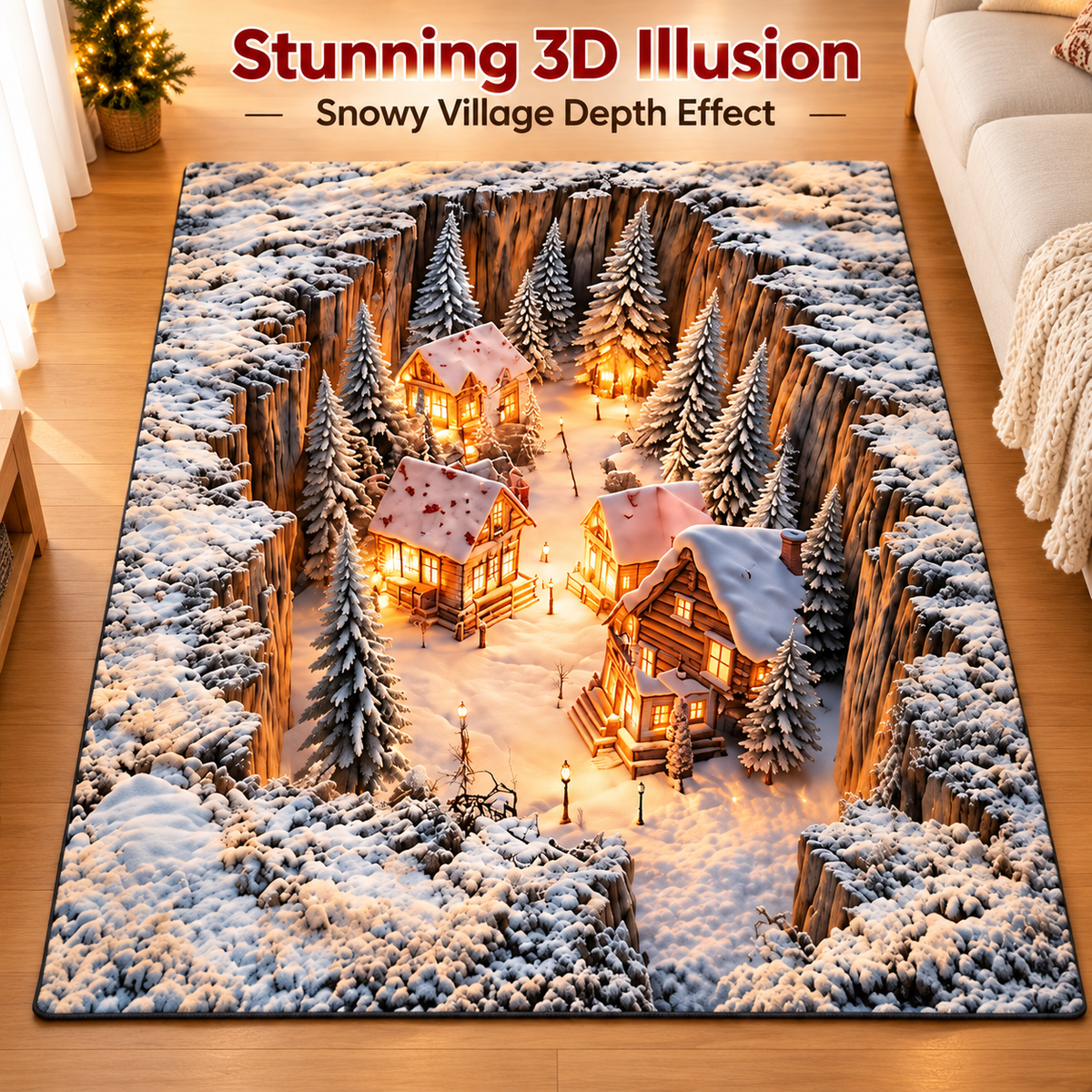 3D Winter Village Christmas Rug – Snowy Canyon Village Illusion Area Rug for Cozy Holiday Home Decor