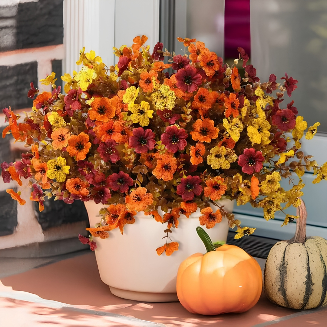 4Pcs/set Colorful Fall Fake Flowers - UV Resistant Artificial Outdoor Plants for Halloween Porch Decor