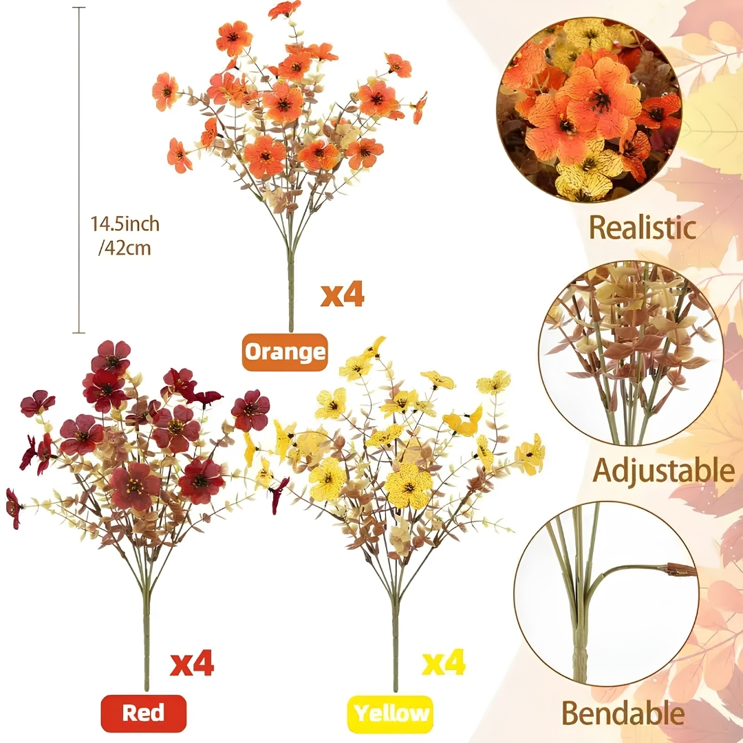 4Pcs/set Colorful Fall Fake Flowers - UV Resistant Artificial Outdoor Plants for Halloween Porch Decor