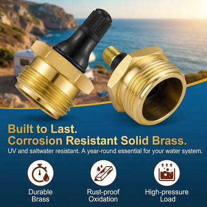 Brass RV Blowout Plug with Air Valve – Water Line Winterizing & Maintenance Adapter