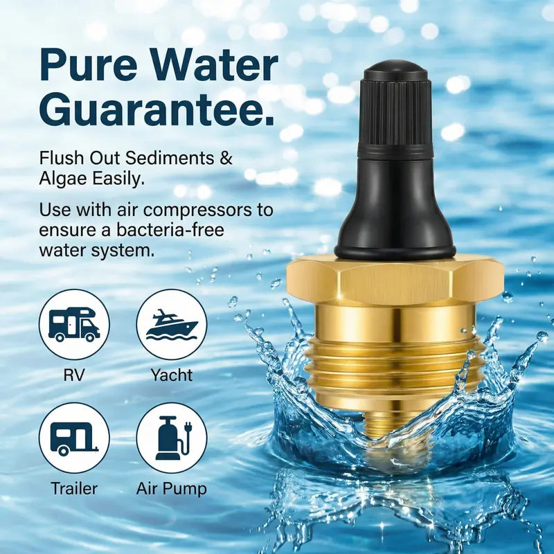 Brass RV Blowout Plug with Air Valve – Water Line Winterizing & Maintenance Adapter