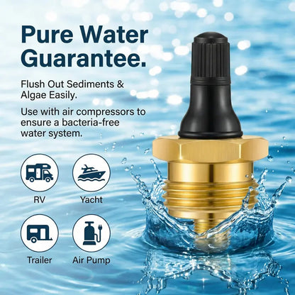 Brass RV Blowout Plug with Air Valve – Water Line Winterizing & Maintenance Adapter
