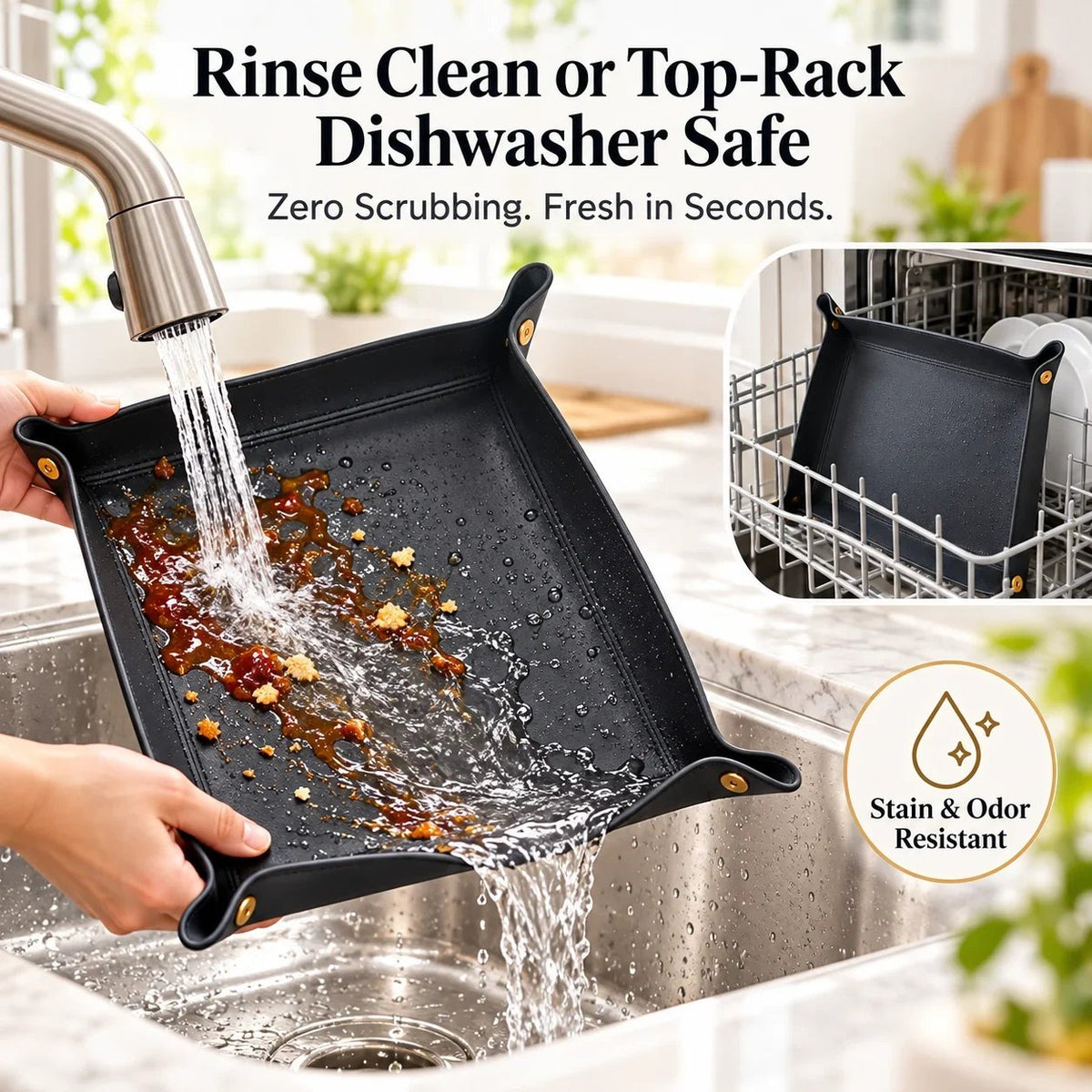 Silicone baking tray mat being rinsed under running water with an inset showing top-rack dishwasher cleaning