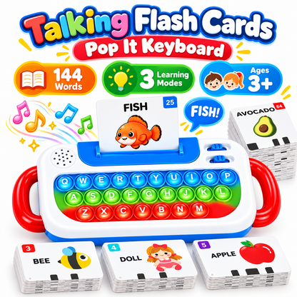 Talking Flash Cards Keyboard Toy for Kids Ages 3+ – 144 Words, 3 Learning Modes & Pop It Keys