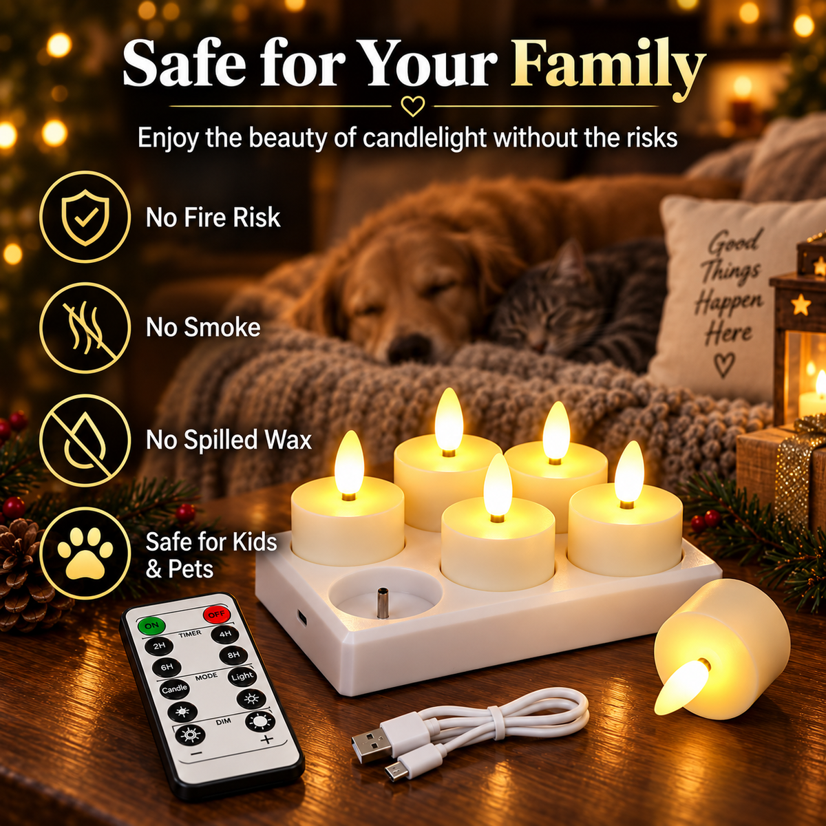 Hot sales🔥Rechargeable Flameless Tea Lights Candle  – Charging Station, Remote Control, Timer & Flickering LED Candles