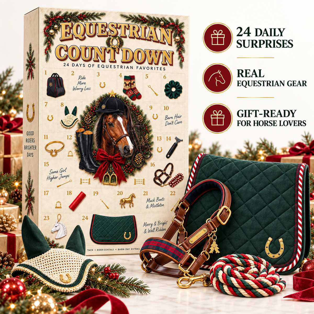 🐴 24-Day Equestrian Christmas Advent Calendar – Horse Lover Countdown with Rider Essentials, Barn-Day Surprises & Festive Gift Set