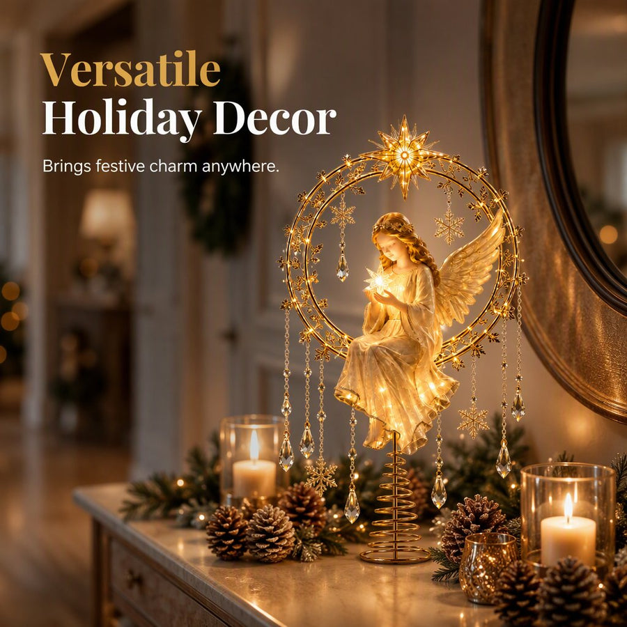 Golden angel holiday decoration styled with candles and evergreen garland