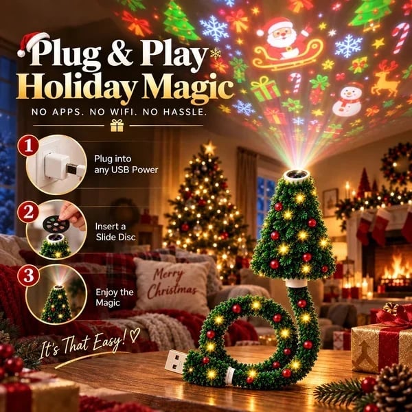 USB Christmas tree projector three steps plug in insert slide disc and enjoy