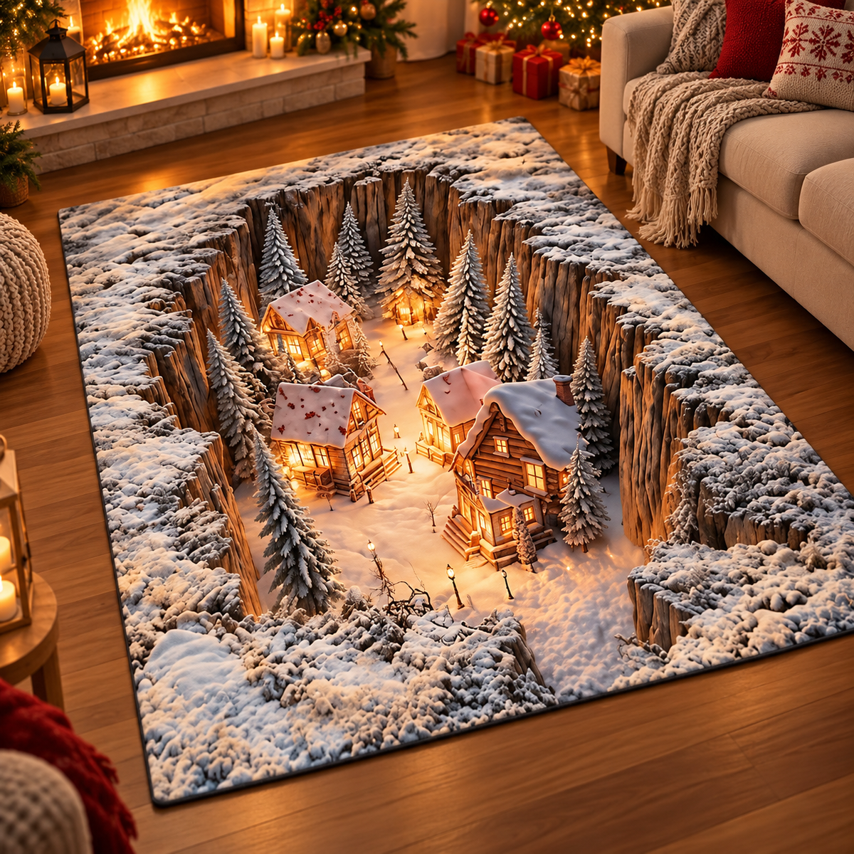 3D Winter Village Christmas Rug – Snowy Canyon Village Illusion Area Rug for Cozy Holiday Home Decor