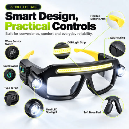 👓🔦 Rechargeable LED Light Glasses with 5 Modes & Wave Sensor