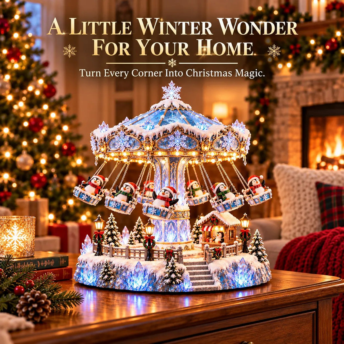 🔥Last day 50% OFF 🐧 Lighted Rotating Penguin Christmas Carousel – Musical Winter Wonderland Tabletop Holiday Decoration