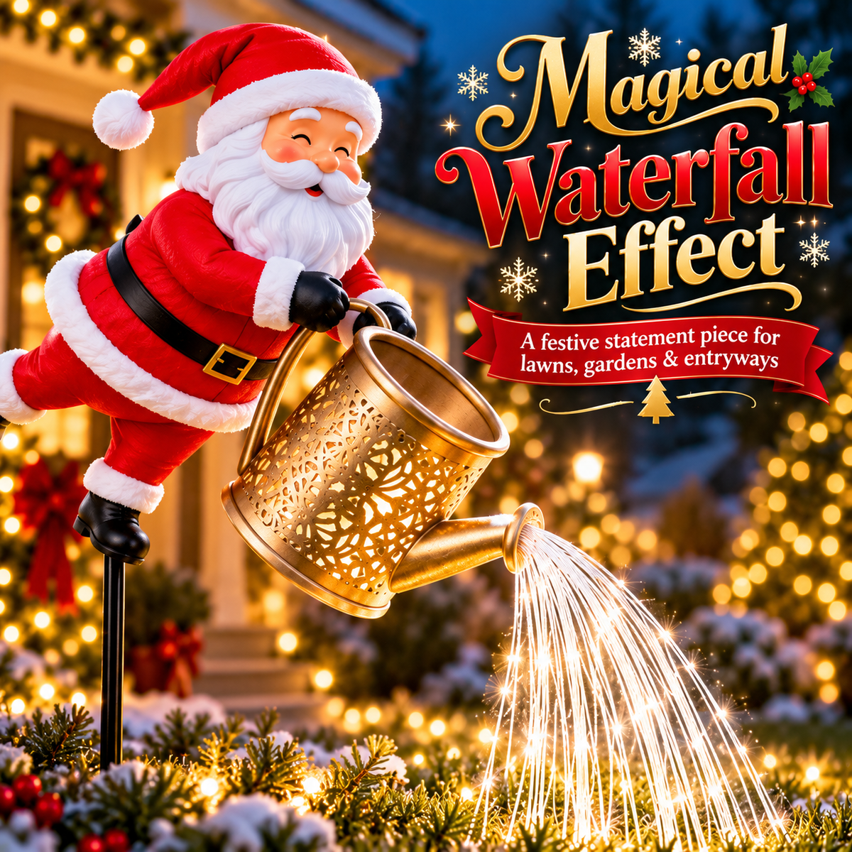 🎅 Santa Solar Watering Can Christmas Garden Light ✨ | Cascading Waterfall Outdoor Yard Decor 🎄