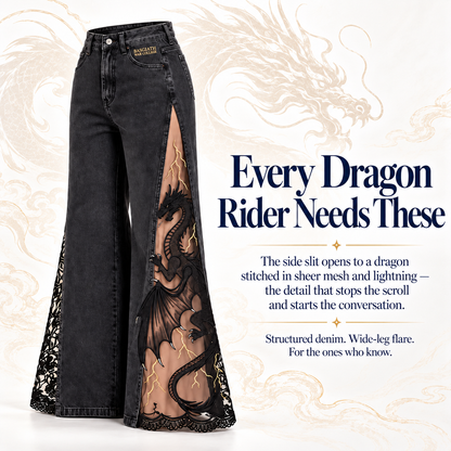 Dragon Mesh-Panel Wide-Leg Jeans – High-Waisted Fantasy Denim