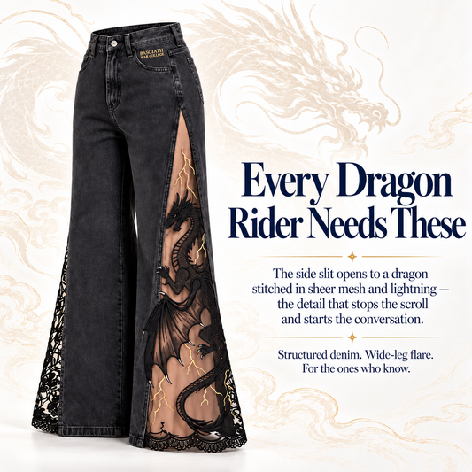 Dragon Mesh-Panel Wide-Leg Jeans – High-Waisted Fantasy Denim