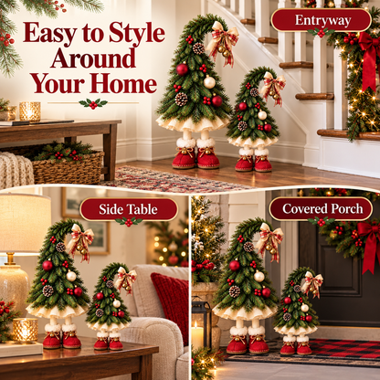 Whimsical Christmas Elf Tree Decor with Red Boots – Farmhouse Holiday Tabletop Accent