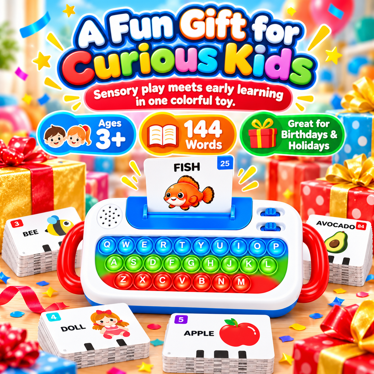 Talking Flash Cards Keyboard Toy for Kids Ages 3+ – 144 Words, 3 Learning Modes & Pop It Keys