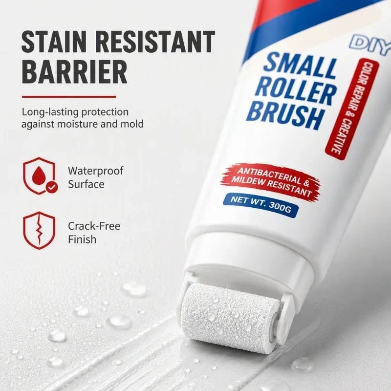 Close-up of wall repair paste with roller illustrating the white coating and water-resistant surface