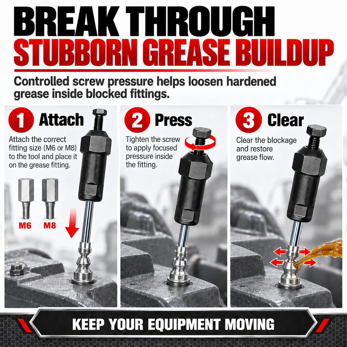 Hot sales🔥Heavy Duty Grease Fitting Unclogger Tool – M6/M8/M10, 600 PSI