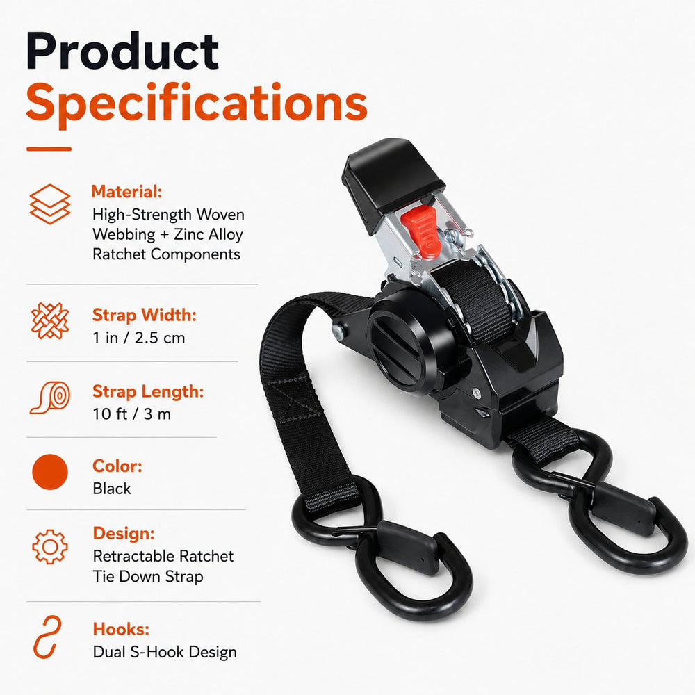 Product specification image for retractable ratchet tie down strap