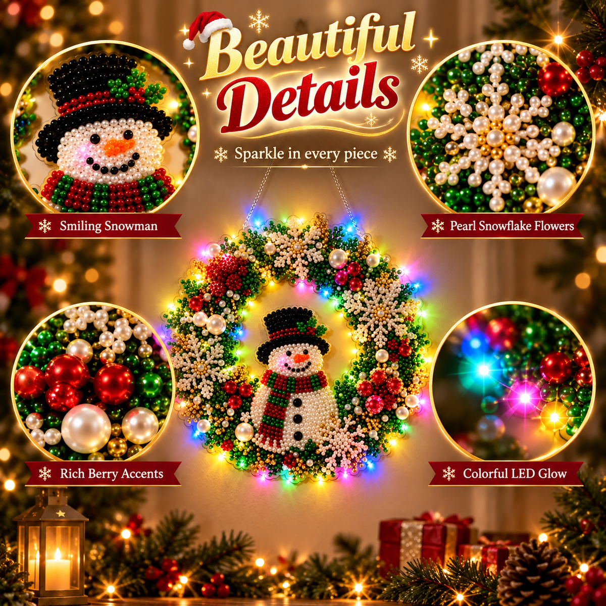 Hot Sale⛄Christmas Pearl Diamond Painting Pendant Kit with LED String Lights