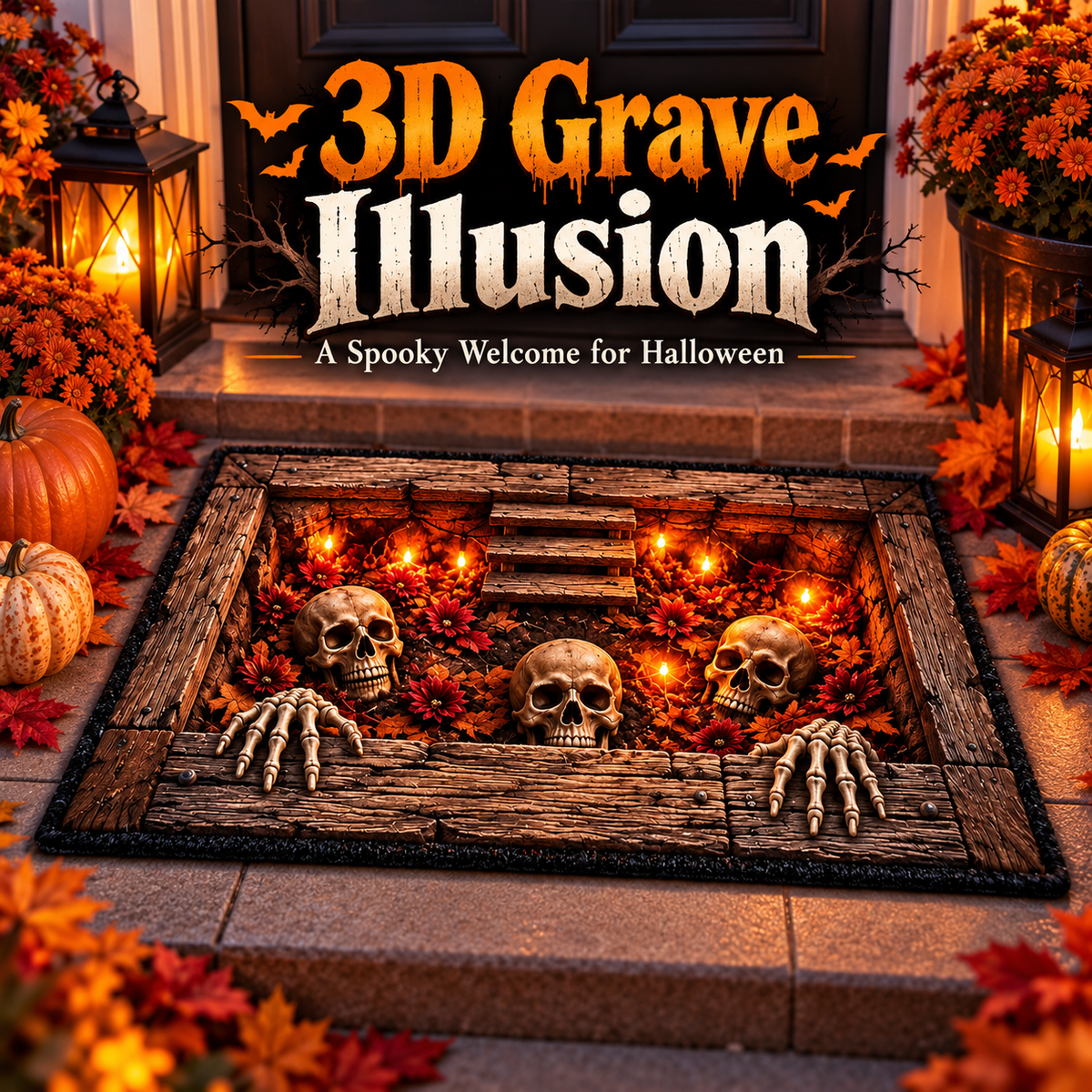 💀 3D Grave Illusion Halloween Doormat 🎃 | Non-Slip Skull & Skeleton Entryway Rug for Indoor & Covered Outdoor Decor