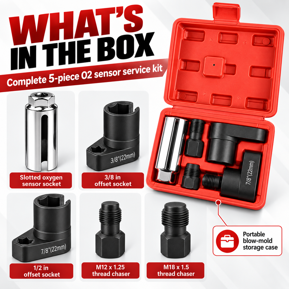 Hot sales🔥5-Piece O2 Sensor Socket & Thread Chaser Set – 22mm / 7/8", 3/8" & 1/2" Drive Oxygen Sensor Removal Tool Kit