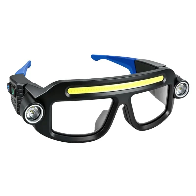 Blue variant of the rechargeable LED lighting glasses with black frame and blue ear pieces