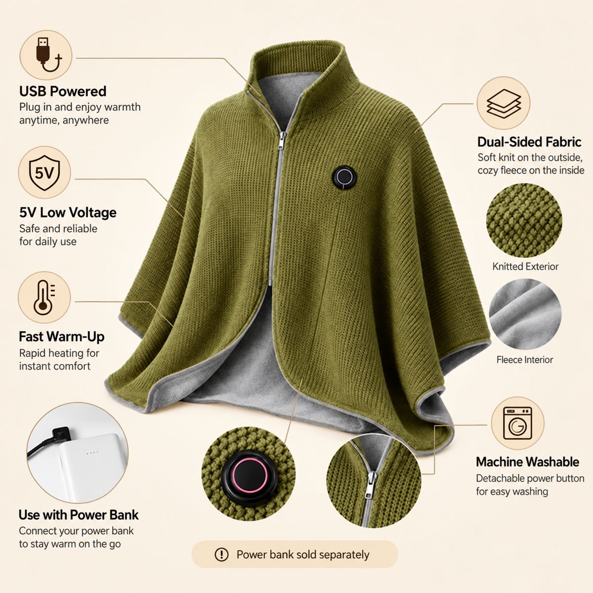 Wearable Heated Shawl 3 Heat Levels Portable Thermal Wrap