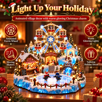 Animated Penguin Christmas Village – Lighted Ferris Wheel & Moving Ice Skaters Tabletop Decor-USB-C Rechargeable